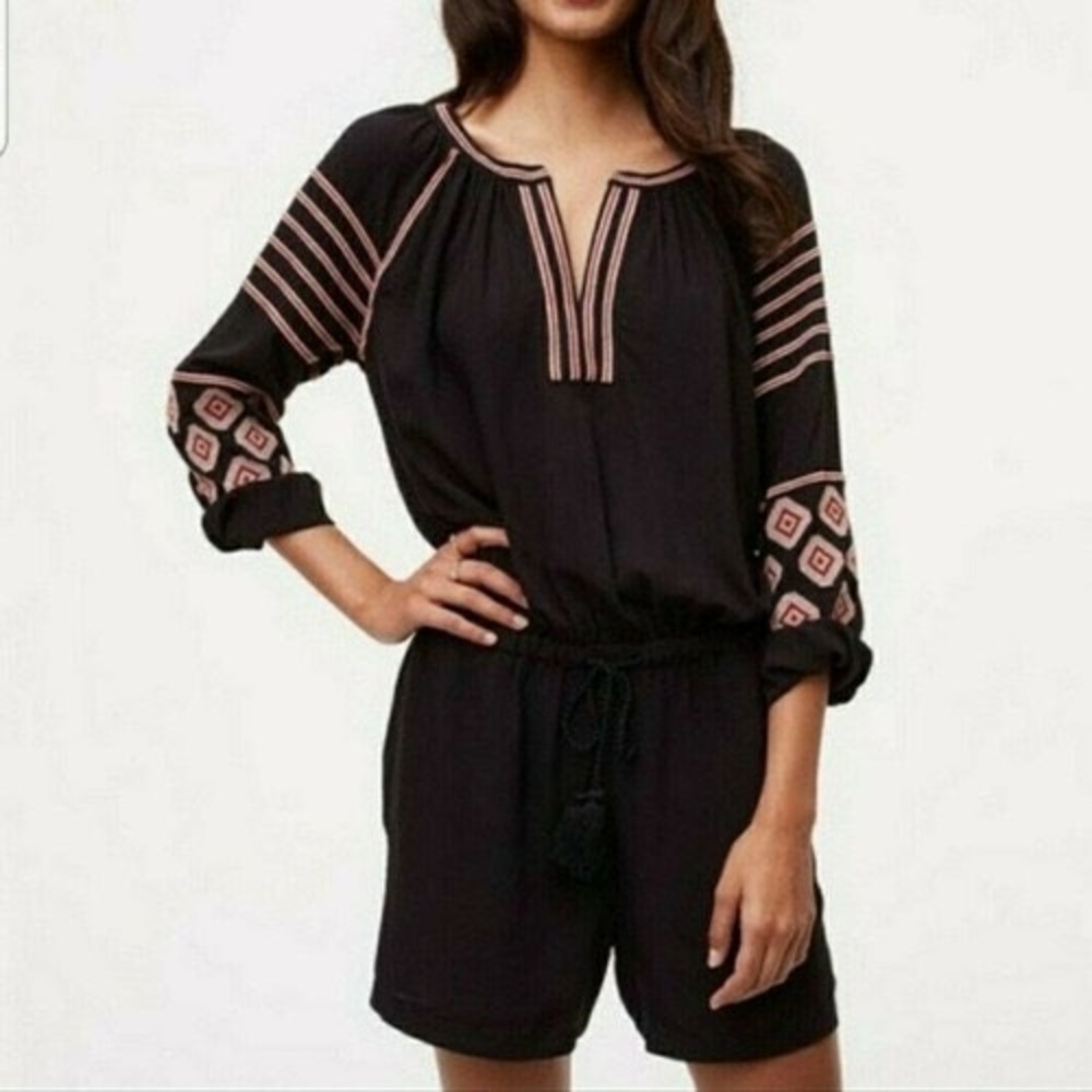 LOFT Embroidered Romper Small Long Sleeve Jumpsuit Boho Black Red